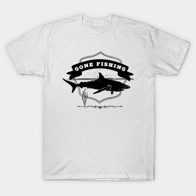 GONE FISHING- Retro Shark Design T-Shirt by Off the Page